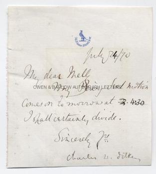 CHARLES DILKE (1843-1911) Autograph Letter Signed